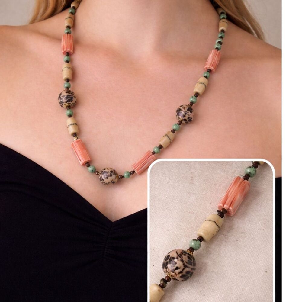 Vintage Artisan Beaded Necklace Pink Green Floral Carved Beads Boho